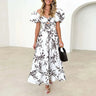 Summer V Neck Cutout Floral Print Dresses Elegant Women Puff Short Sleeve Casual Dress Pleated Waisted Swing Beach Long Dress - Lootquake
