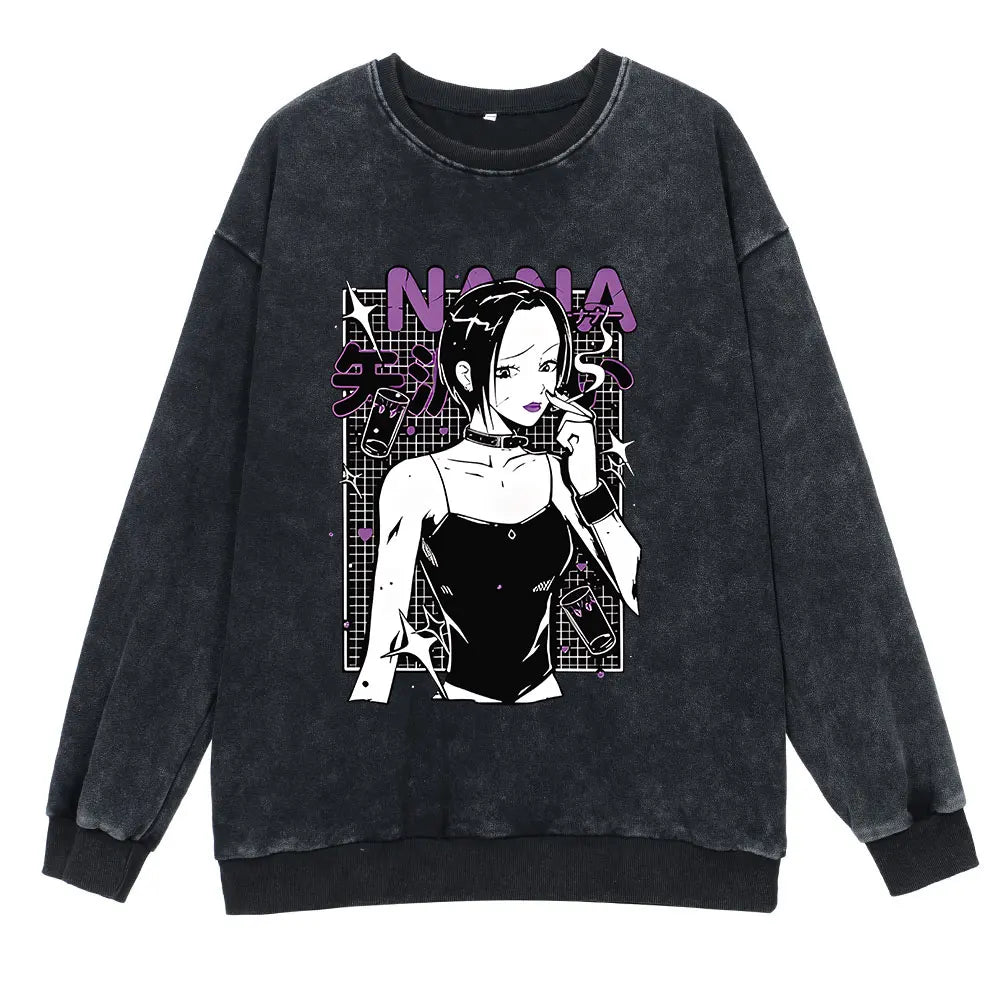 Anime Nana Osaki Round Neck Washed Pullover Casual 100% Cotton Men Women Hip Hop Harajuku Streetwear Vintage Sweatshirt - Lootquake