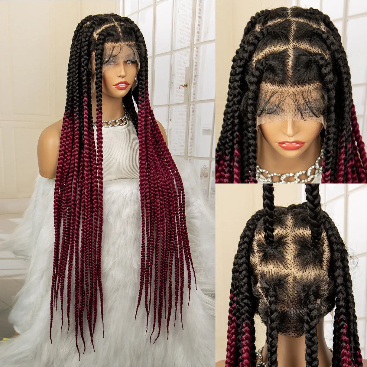 36" Big Knotless Box Braided Full Lace Wig | Cornrow Braiding Wig | Baby Hair | Synthetic Braids | For Women