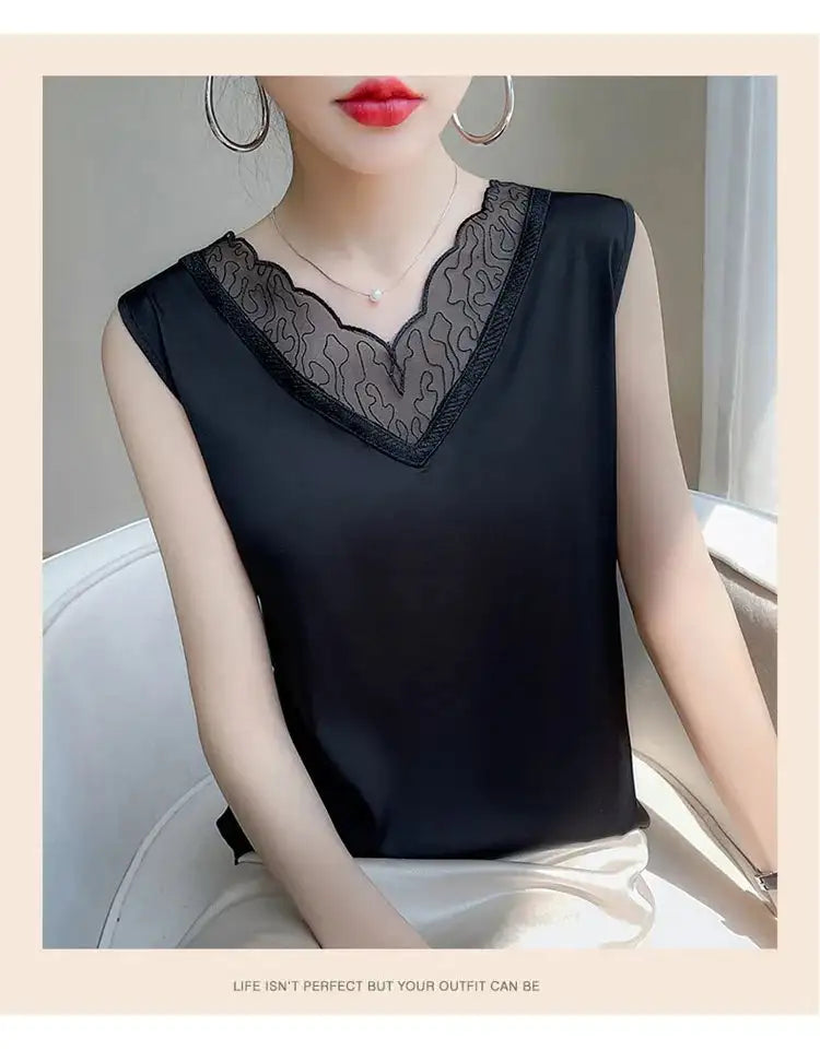 Nueva ropa de mujer, chaleco, camiseta sin mangas, traje de mujer, forro de encaje, verano 2024, nuevo top sin mangas de satén de seda, chalecos con tirantes
