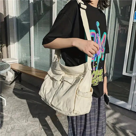 Women's School Messenger Bags For Women Shoulder Ladies Designer Handbag Solid Large Capacity Casual Canvas Shoulder Female Bags - Lootquake