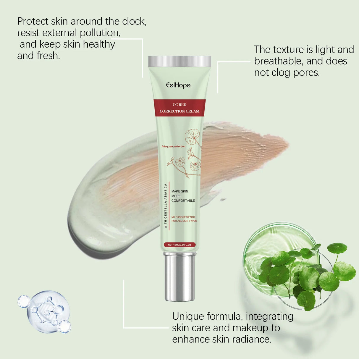 Crema CC Centella Asiática EelHope: Base hidratante y correctora para maquillaje nude, ilumina el cutis e hidrata.
