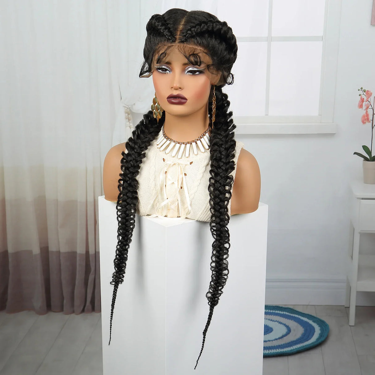 36" Burgundy Twist Cornrow Braids Wig | 99J | Lace Frontal | Baby Hair