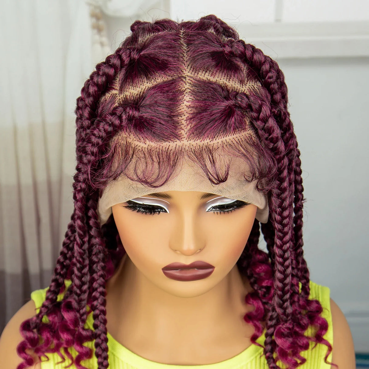 14" Short Braided Wig with Curly Ends | Knotless Box Braids | Full Lace Synthetic Wig for Black Women | Transparent Lace