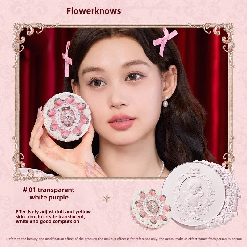 Flower Knows Strawberry Cupid Collection Pressed Powder Mineral Makeup Powder Foundation With Concealer & Finishing Vegan