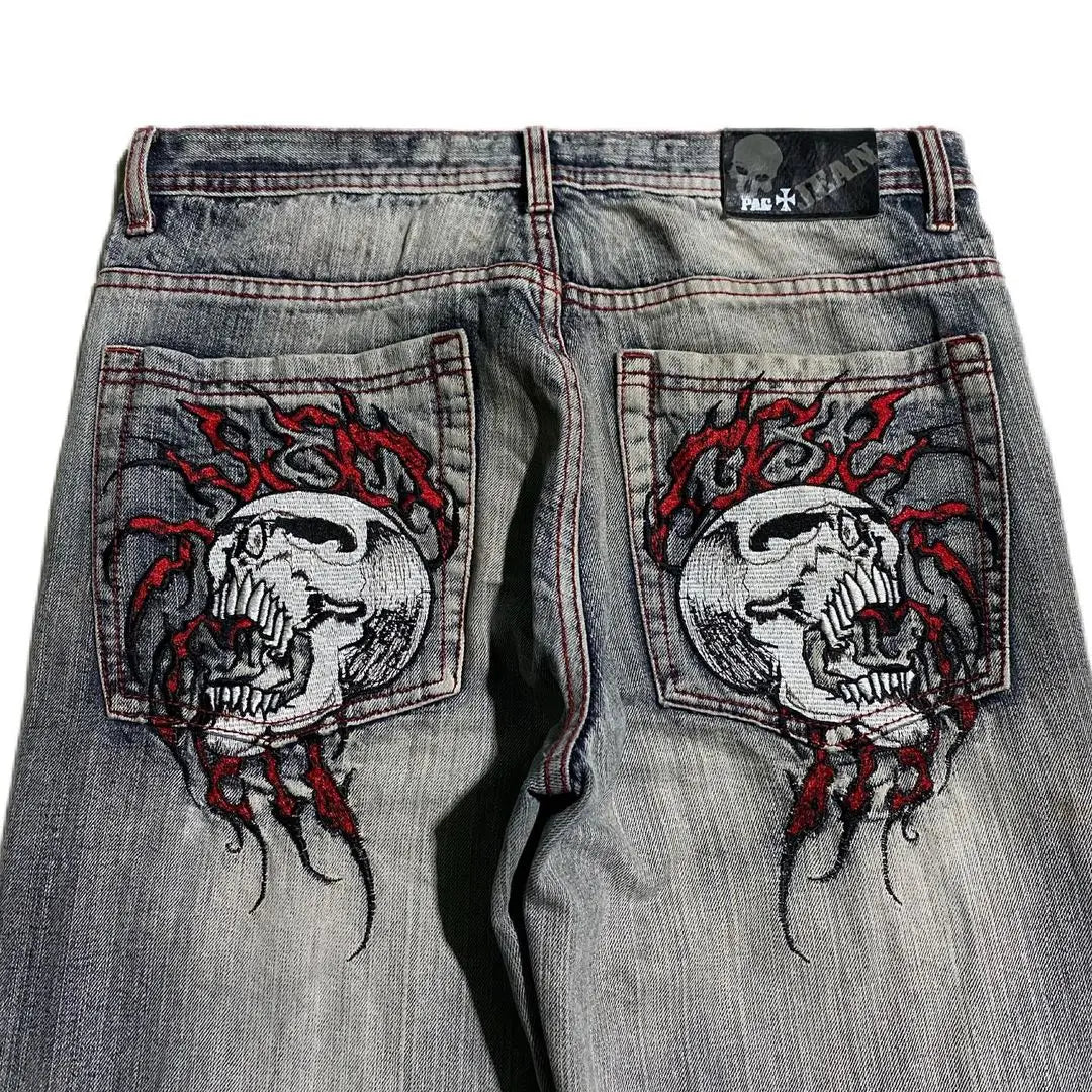 Skull Embroidered Loose Fit Jeans Fashion Harajuku Trend Y2K Women Casual Street Hip Hop High Waist Wide Leg Straight Leg Pants - Lootquake