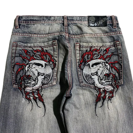 Skull Embroidered Loose Fit Jeans Fashion Harajuku Trend Y2K Women Casual Street Hip Hop High Waist Wide Leg Straight Leg Pants - Lootquake