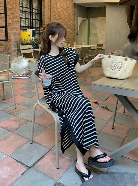 2024 New Casual Korean Striped O-neck Short Sleeve Long Dress Ladies Simplicity Patchwork Loose Tshirt Dress Women Clothing - Lootquake