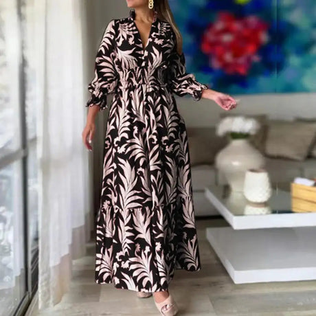 Europe And America Cross Border Autumn/Winter New Long Dress with Waist Pullover And Bohemian Print Long Sleeve Large Swing - Lootquake