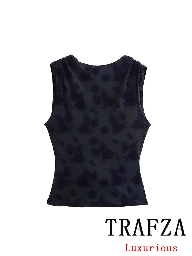 TRAFZA Vintage Casual Chic Women Flocking Suit O-Neck Backless Sleeveless Top Asymmetrical Long Skirt Fashion 2025 Spring Suit
