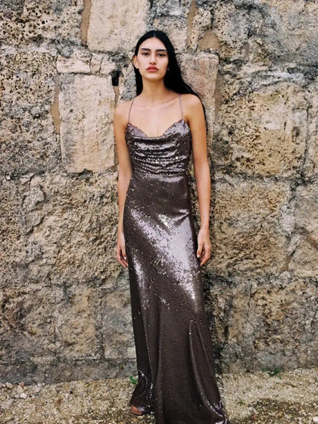 New Sexy Sleeveless Backless Lace-up Slim Long Dress Summer Elegant Pleated Backless Bright Sequins Dress Luxury Evening Dresses - Lootquake