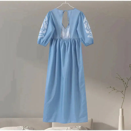 Elegant Print Half Puff Sleeve Dresses Women Loose V-neck Lace Up Backless Long Dress 2024 Summer New Ladies Chic Beach Robes - Lootquake