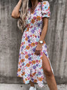 Vestido de verano con estampado floral para mujer, cuello en V, abertura lateral, largo, elegante, manga corta, botones, ajustado, para fiesta de primavera