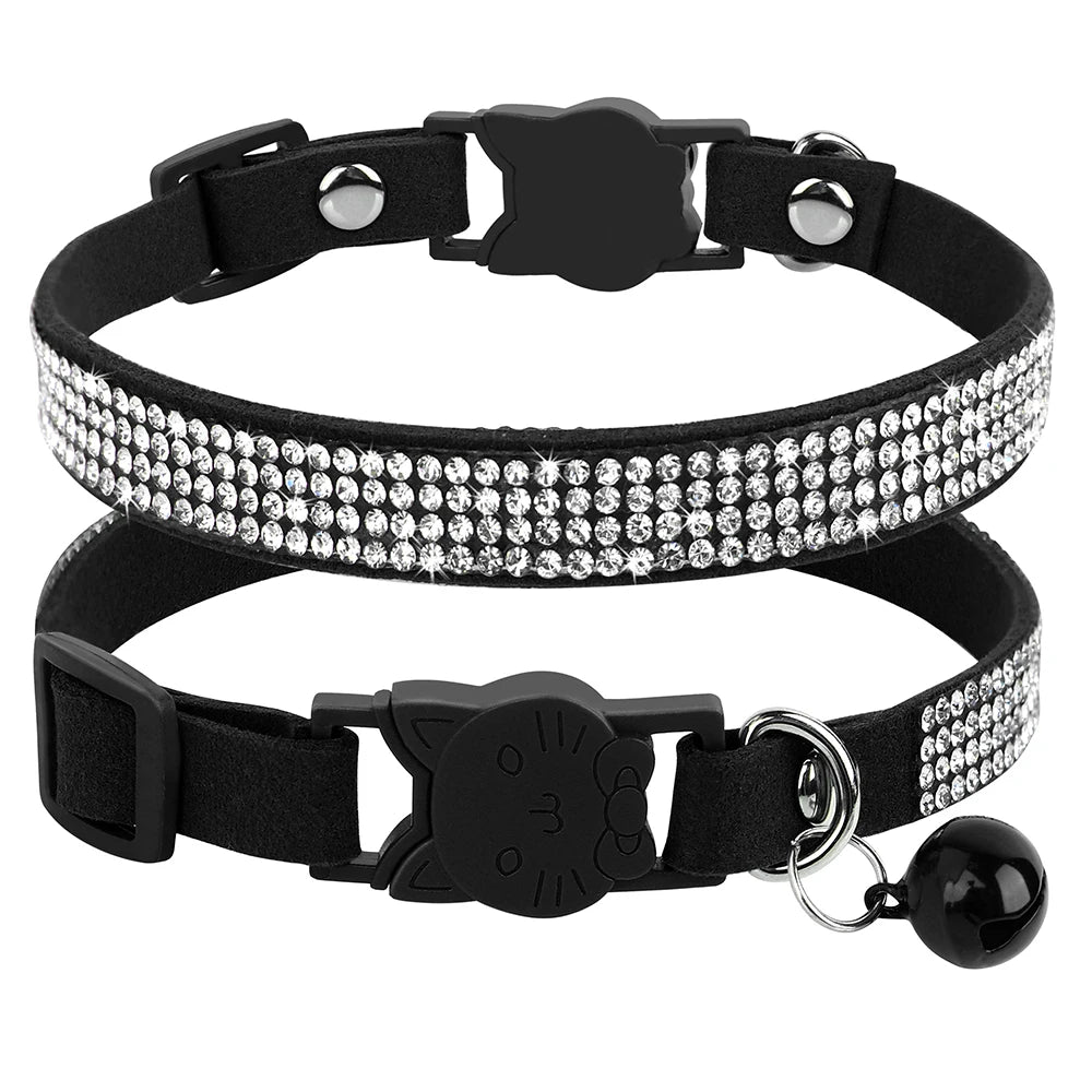 Soft Suede Leather Cat Collar Bling Rhinestone Cats Collars with Bell Safety Breakaway Pet Puppy Necklace Adjustable XS S Pink
