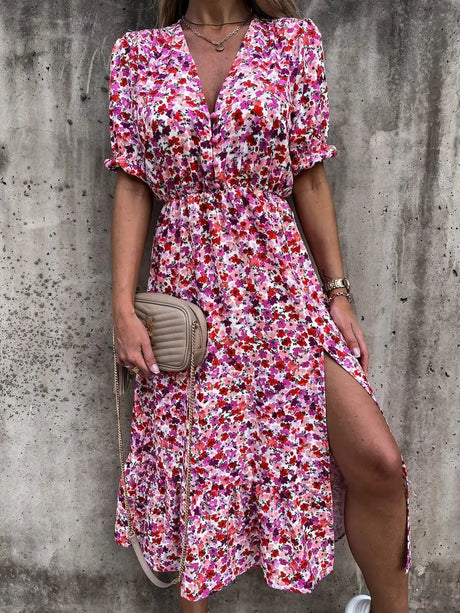 Summer Floral Print Dress Women V Neck Side Slit Long Dress Elegant Short Sleeve Button Slim Spring Female Party Dress Vestidos - Lootquake