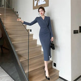 Women Pink Pleated Bodycon Formal Long Dress Autumn Winter Long Sleeve Chic Suit Dress 2025 Korean Fashion Elegant Party Dresses