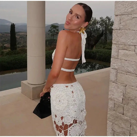 Fashion Hollow Out Halter Maxi Dress For Women 2024 Sexy Sleeveless Backless Long Dress Holiday Hook Flower Knitted Beach Robe - Lootquake