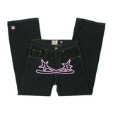 Streetwear Jeans Y2K Men Women Clothes Harajuku Hip Hop Letter Embroidered Vintage Blue Baggy Jeans High Waist Wide Leg Trousers - Lootquake