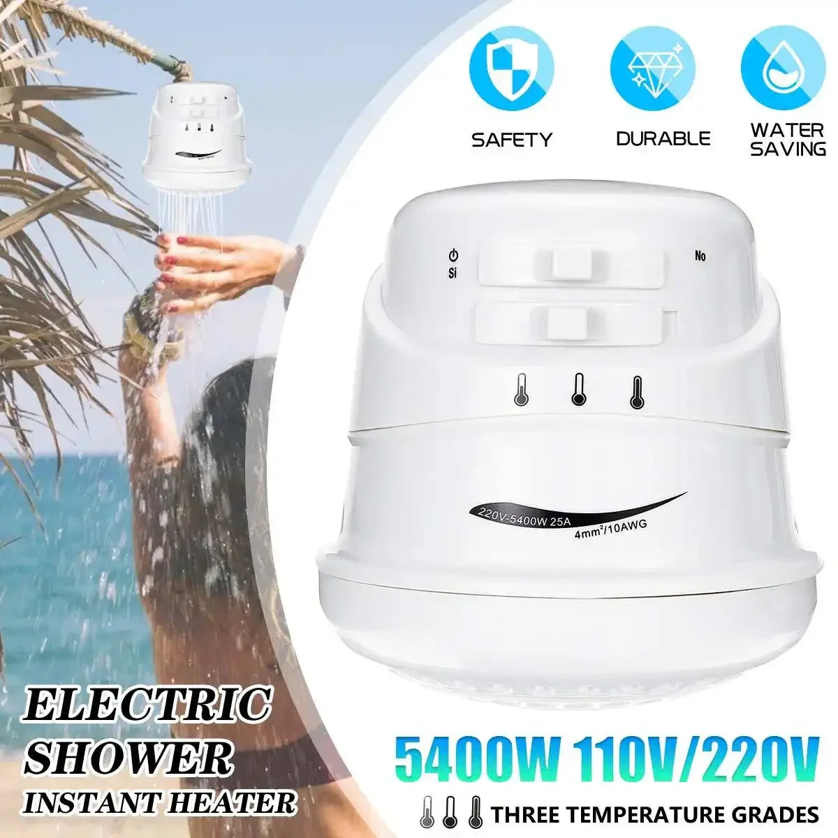 Ducha eléctrica de 2 m, 5400 W, calentador de agua instantáneo sin tanque, 3 temperaturas ajustables, portátil, 110 V/220 V