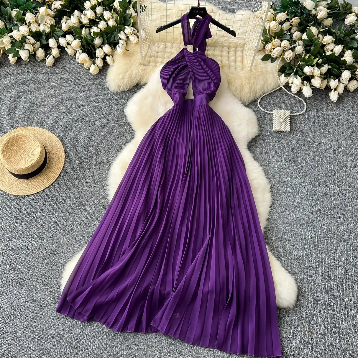 SINGREINY Sexy Halter Pleated Dress Women Summer Hollow Out Cross Lace Up Zipper Design Sleeveless Backless Elegant Long Dress - Lootquake