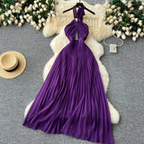 SINGREINY Sexy Halter Pleated Dress Women Summer Hollow Out Cross Lace Up Zipper Design Sleeveless Backless Elegant Long Dress - Lootquake
