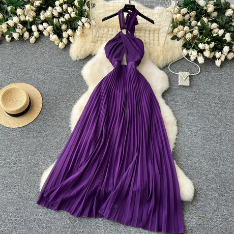 SINGREINY Sexy Halter Pleated Dress Women Summer Hollow Out Cross Lace Up Zipper Design Sleeveless Backless Elegant Long Dress - Lootquake