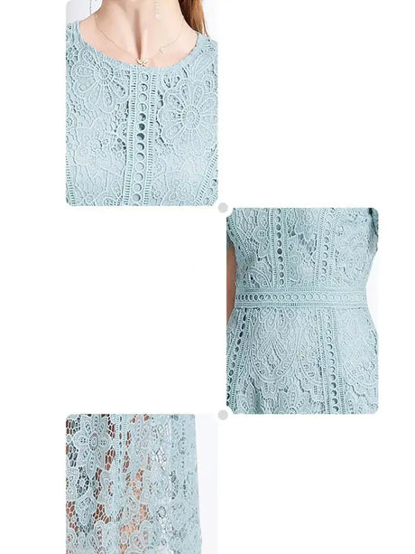 SMTHMA Vintage High-End O-Neck Short Sleeve Lace Hollow Out Dress For Women's Summer Slim Elegant Long Dress Female Clothing - Lootquake