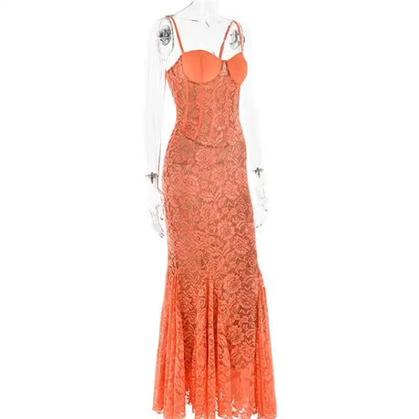 Mozision Floral Lace Sexy Maxi Dress For Women Orange Spaghetti Strap Sleeveless Backless Bodycon Club Party Long Dress Elegant - Lootquake