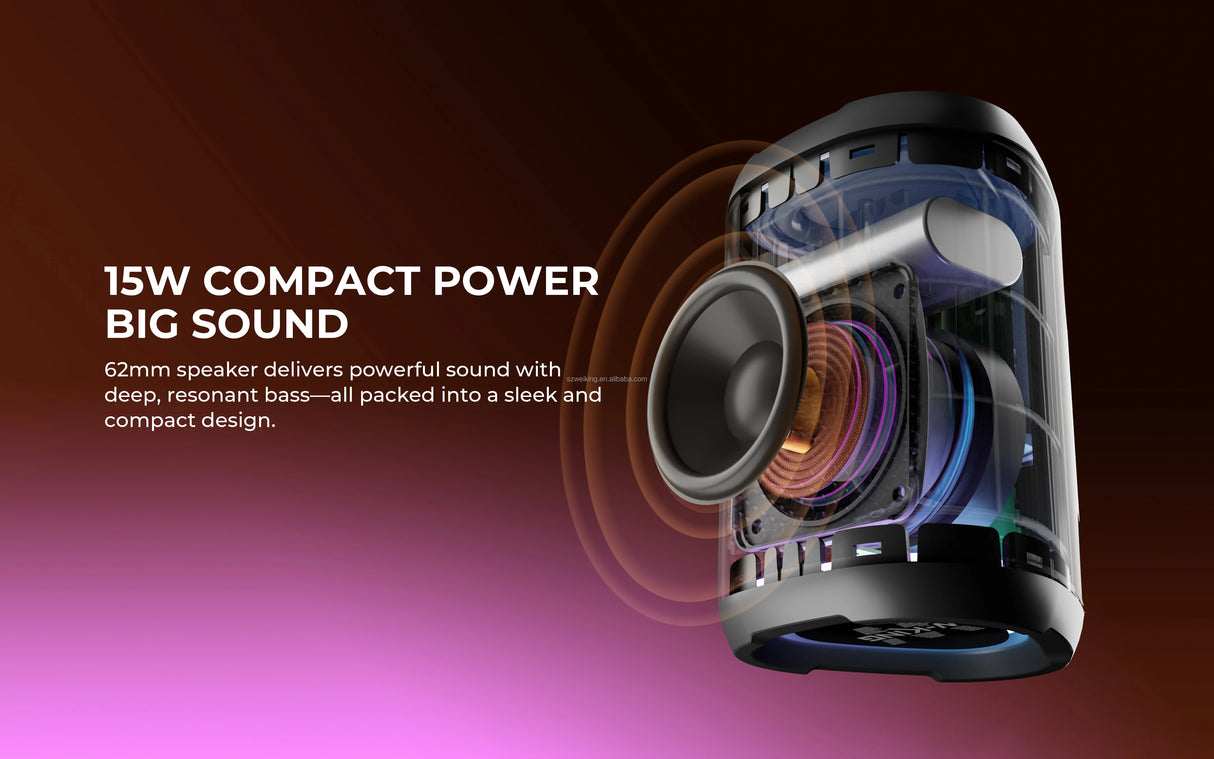 Altavoz Bluetooth con pantalla LED, graves potentes y 15 W de potencia, resistente al agua IPX7 para fiestas al aire libre.