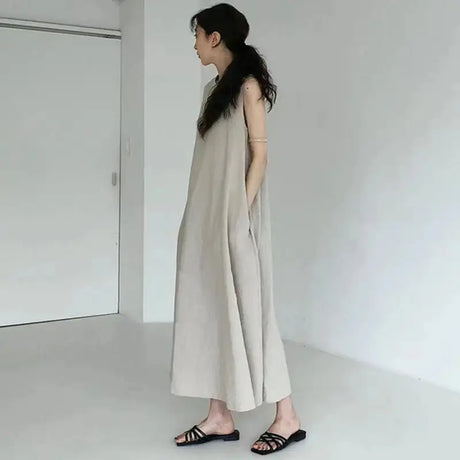 2022 Minimalist Chic Loose Swing Sleeveless Mid-length Casual Cotton Linen Long Dress  Round Neck High Waist Women Runway Dress - Lootquake