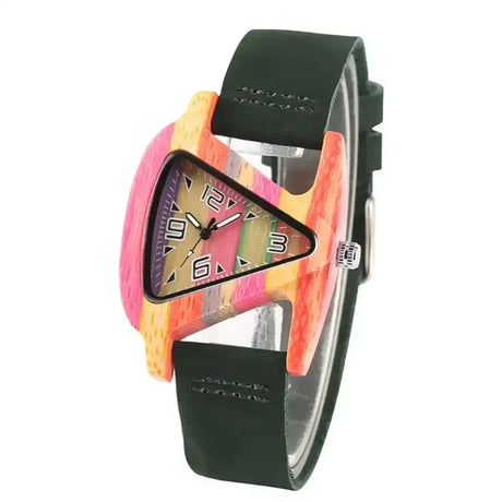 Unique Triangle Women's Wood Watch Creative Colorful Lady Green/ Red Genuine Leather Wristwatch Elegant Womens Watches Top Gifts - Lootquake