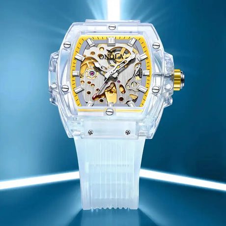 Luxury men's watch onola plastic transparent hollow full automatic mechanical watches men waterproof clock - Lootquake