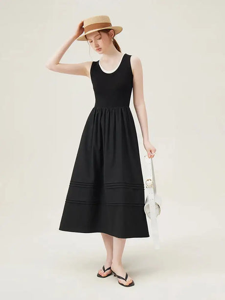 FSLE Classic Cleanfit Elegant Fake Two-pieces Vest Summer Women Long Dress 2024 New Versatile Casual A-Line Dress 24FS12982 - Lootquake