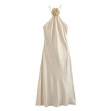 TRAF Flower Satin Long Dress Women Off Shoulder Halter Backless Dress Woman Summer Elegant Party Dresses Sexy Evening Dresses - Lootquake