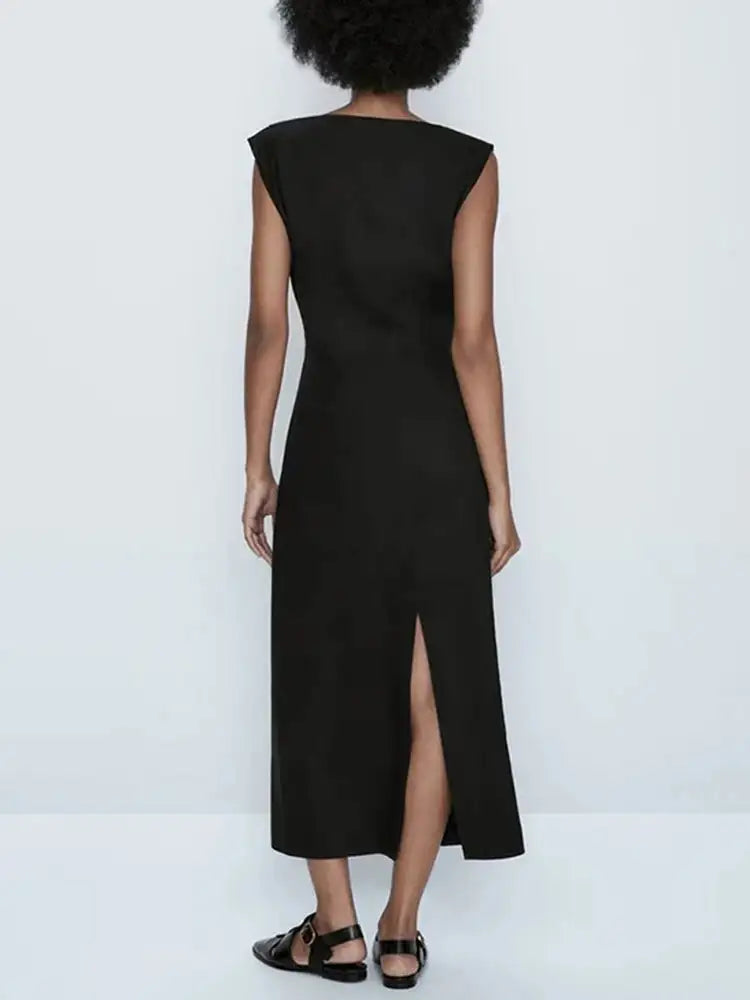 TRAF Women's Long Sleeveless Dress Black Fashion Linen Blend Shrinking Pleated Long Dress Temperament Elegant Women's Clothing - Lootquake