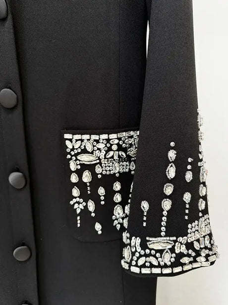 HIGH STREET Newest 2025 Designer Fashion Women's Long Sleeve Notched Collar Rhinestone Diamonds Beading Maxi Long Dress - Lootquake