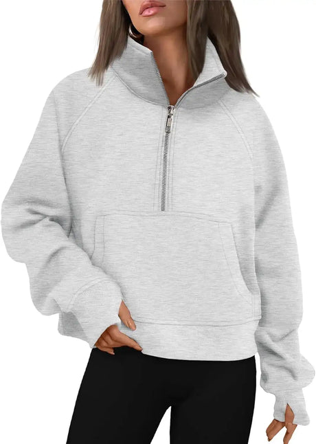 Womens Sweatshirts Half Zip Cropped Pullover Fleece Quarter Zipper Hoodies Fall outfits Clothes Thumb Hole - Lootquake
