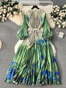 Spring Holiday Print Long Dress For Women Fashion Loose Lantern Sleeve Party Robe Female Big Swing Tassels Belt Pleated Clothes