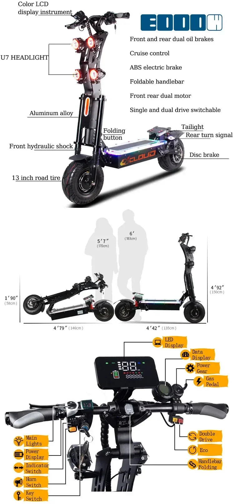 2024 new 10000W 72v 40ah electric scooter 13-inch tires maximum speed 130km/h cruising range 120km LCD screen foldable scooter