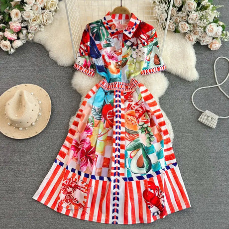 Polo Neck Printed Vintage Long Dress Short Sleeve Big Hem Slim Long Dress Vestidos Casual Fashion Women Elegant Robe - Lootquake