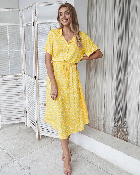 Vintage Floral Print Dress Women Boho Short Sleeve Long Dress Turn Down Collar Casual Waistband Shirt Dresses Robe 2021 Summer - Lootquake