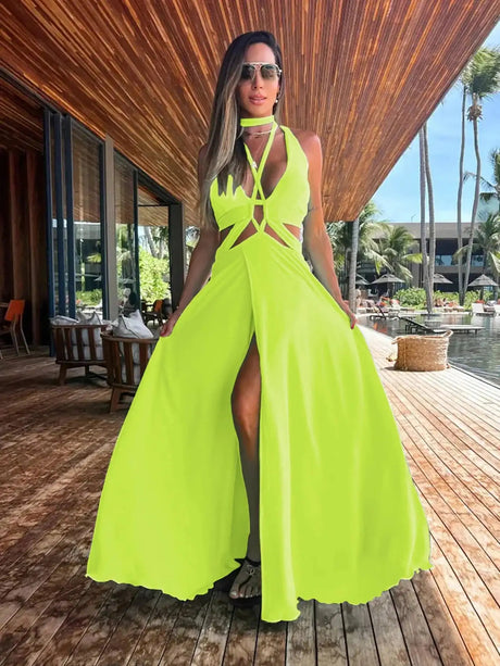 2024 Fashion New Women's Sexy Vacation Dress Solid Long Dress Cut Out Exposed Waist High Slit Suspender Long Skirt - Lootquake