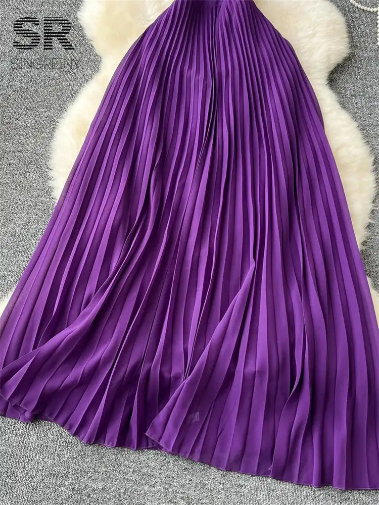 SINGREINY Sexy Halter Pleated Dress Women Summer Hollow Out Cross Lace Up Zipper Design Sleeveless Backless Elegant Long Dress - Lootquake