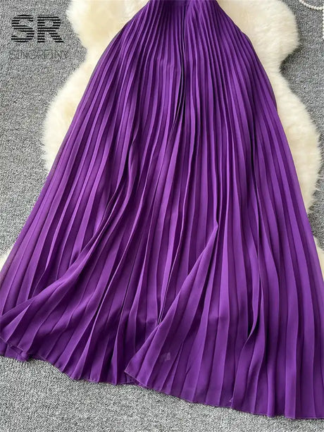 SINGREINY Sexy Halter Pleated Dress Women Summer Hollow Out Cross Lace Up Zipper Design Sleeveless Backless Elegant Long Dress - Lootquake