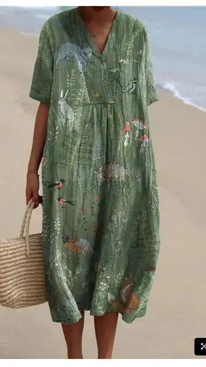 Casual Short Sleeved V-neck Big Swing Dress 2024 New Women's Loose Printed Long Dress Female Retro Flower Print Pullover Dresses - Lootquake