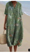 Casual Short Sleeved V-neck Big Swing Dress 2024 New Women's Loose Printed Long Dress Female Retro Flower Print Pullover Dresses - Lootquake