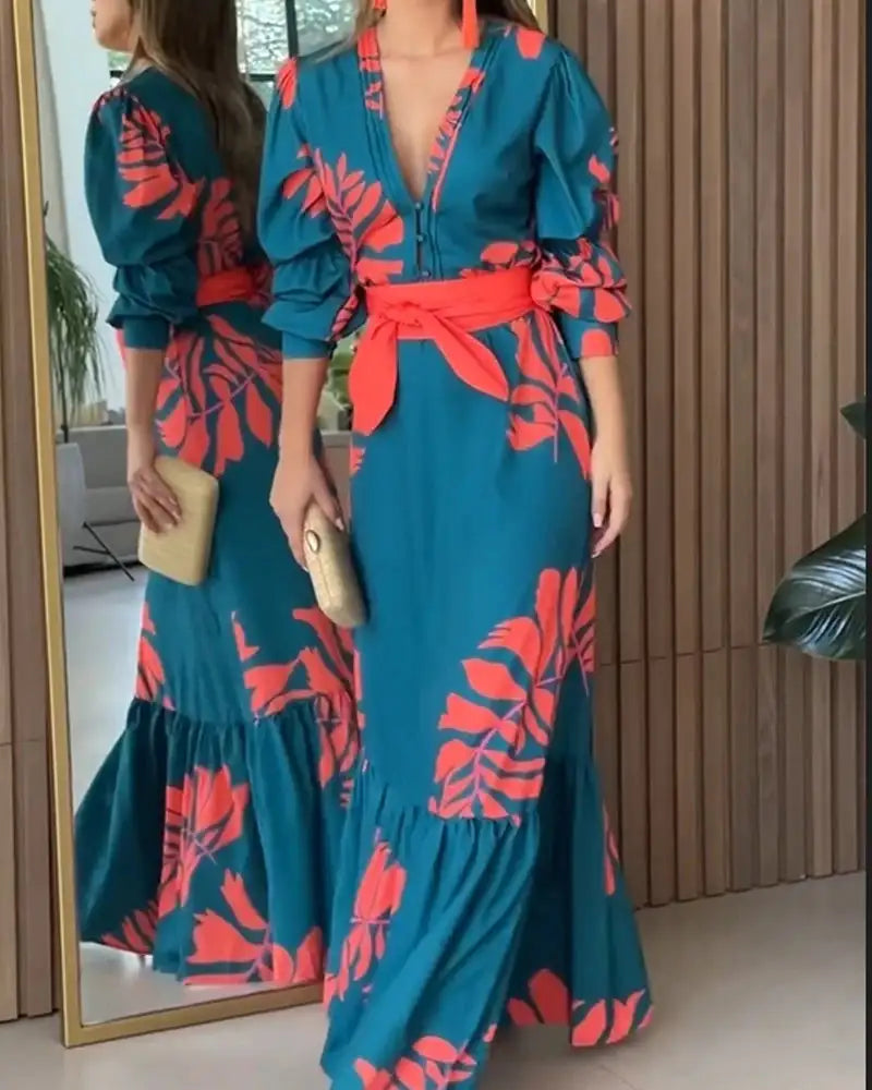 Deioao Sexy Elegant Long Dress Robes For Women V Neck Long Sleeve Loose Flower Laceup Fashion Travel Casual Plus Female Clothing - Lootquake