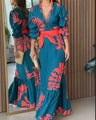 Deioao Sexy Elegant Long Dress Robes For Women V Neck Long Sleeve Loose Flower Laceup Fashion Travel Casual Plus Female Clothing - Lootquake