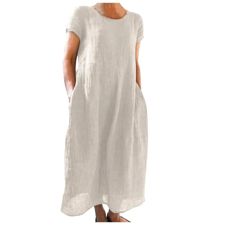 Spring Summer Woman Long Dress Office Lady Fshion Casual Loose Solid O-neck Short Sleeve Dresses For Women 2024 Female Robe - Lootquake