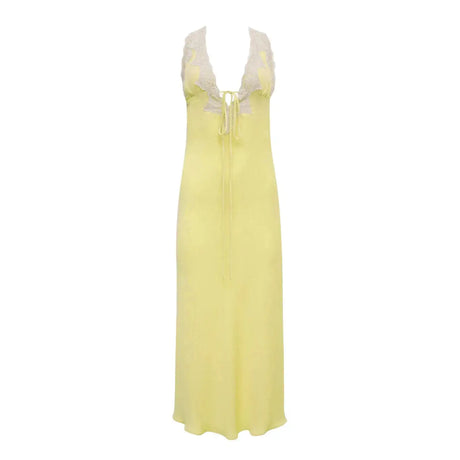 Y2K Chic Women Lace Trim Long Dress 90s Vintage Sexy V Neck Tie Up Backless Bodycon Elegant Lady Club Party Night Cocktail Dress - Lootquake